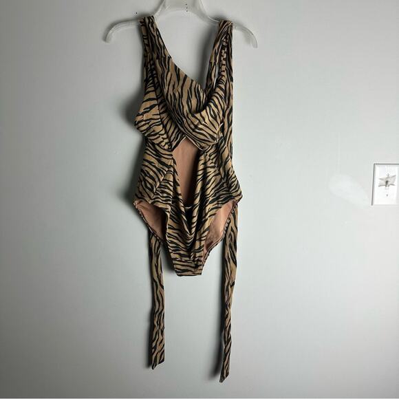 New Aerie Swimsuit Pique Zebra Animal Print Wrap One Piece Brown XXL - Picture 4 of 10